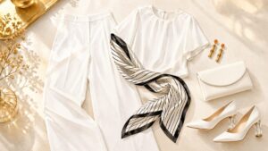 白とオレンジのドレスコードに合わせた手持ち服コーデのフラットレイイラスト