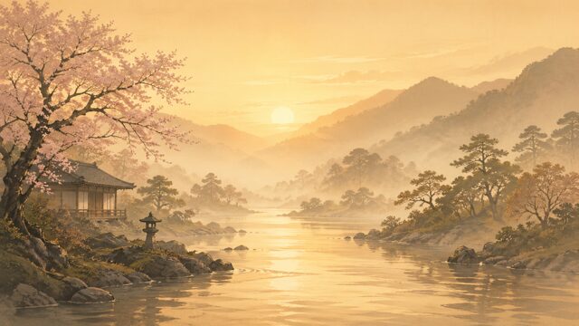 静かな日本の風景の中を穏やかに流れる川のイラスト、朝もやの中