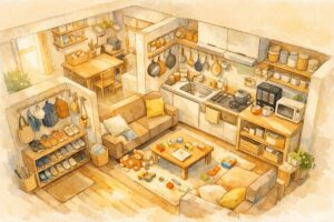 小さな家を俯瞰で見たイラスト。限られたスペースに収納の工夫が詰まった、6人暮らしの生活感ある住まい