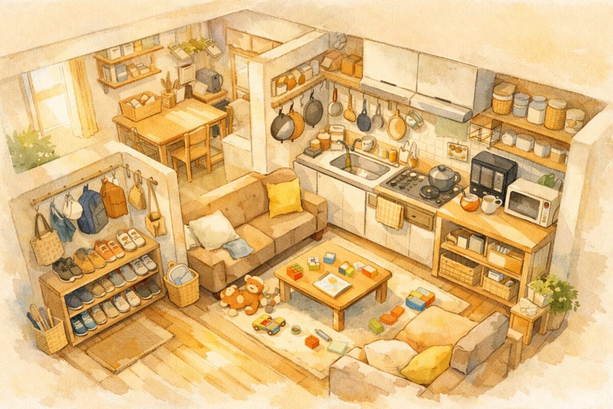 小さな家を俯瞰で見たイラスト。限られたスペースに収納の工夫が詰まった、6人暮らしの生活感ある住まい