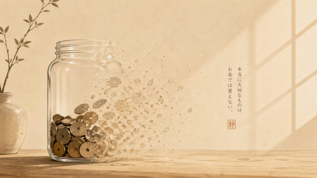 コインが少しずつ消えていくガラス瓶のイラスト、ミニマルな背景
