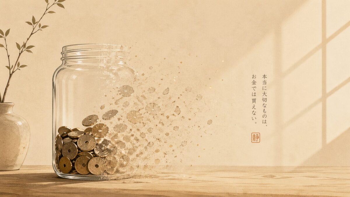 コインが少しずつ消えていくガラス瓶のイラスト、ミニマルな背景