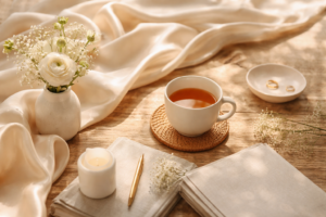 シルクの布と白い花とお茶が木のテーブルに美しく並んだライフスタイルの静物写真
