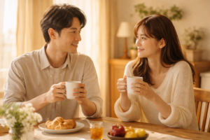 30代のカップルがカフェでコーヒーを飲みながら穏やかに会話している様子