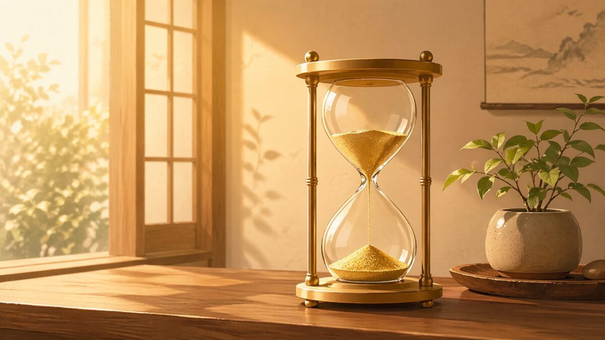 木製デスクの上の砂時計と小さな植物のイラスト、温かな朝の光、ゴールドの砂