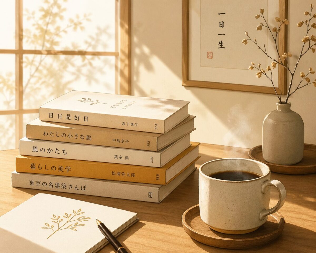 木製デスクに積まれた本とコーヒーカップのイラスト、柔らかな朝の光
