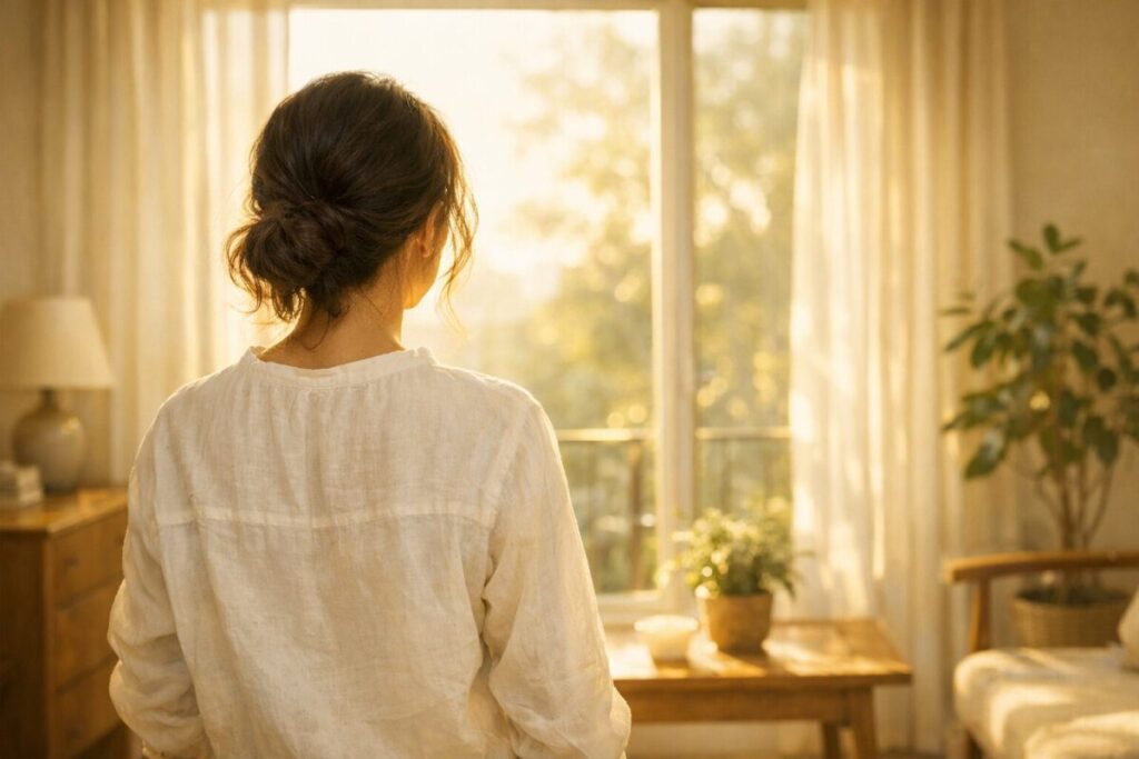 朝の光が差し込む窓辺に立つ女性の後ろ姿——「ふたりで、どう生きるか」を問いかけるKINUKOブログ開設記事のアイキャッチ