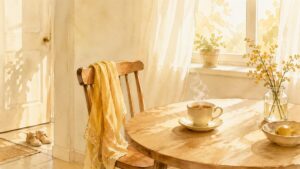 朝の光がさしこむ小さなキッチンテーブルのやわらかな水彩イラスト