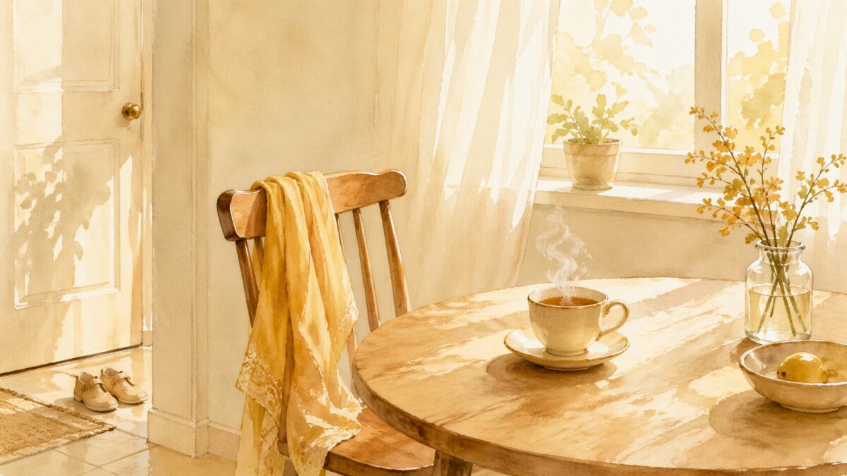 朝の光がさしこむ小さなキッチンテーブルのやわらかな水彩イラスト