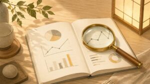 手描きのチャートが描かれたノートの上の虫眼鏡のイラスト、柔らかな温かいデスクライト