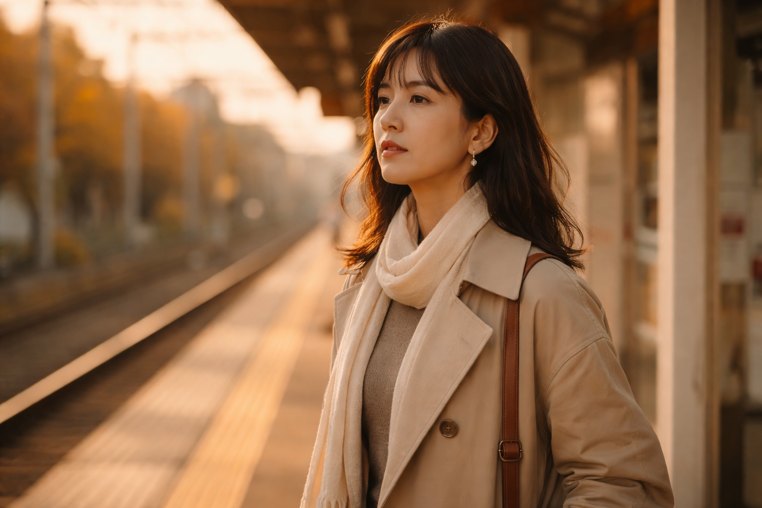 婚活中の30代女性が駅のホームで夕暮れの中ひとり佇む様子