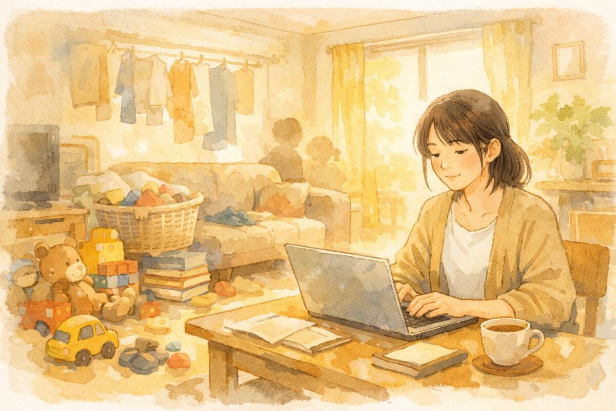 猫の額ほどの小さな家でノートPCに向かう女性のイラスト。散らかった生活感のあるリビングの中で、書くことで気持ちを整えている場面