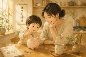 温かいキッチンテーブルで親子が貯金箱を見ているイラスト、柔らかな朝の光