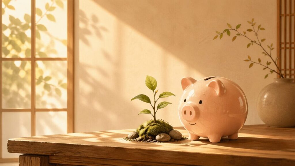 木製テーブルの上の貯金箱と小さな植物のイラスト、温かな朝の光