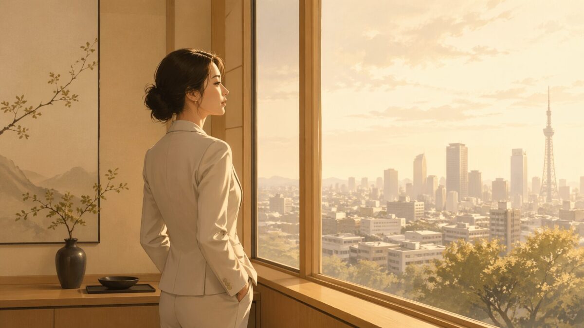 都市を見渡す窓辺に立つスーツ姿の女性のイラスト、柔らかな温かい光