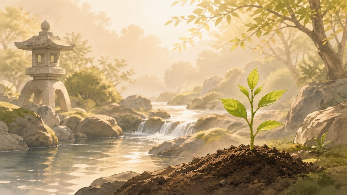 静かな日本庭園の小川のそばで芽吹く種と育つ植物のイラスト、柔らかな朝の光