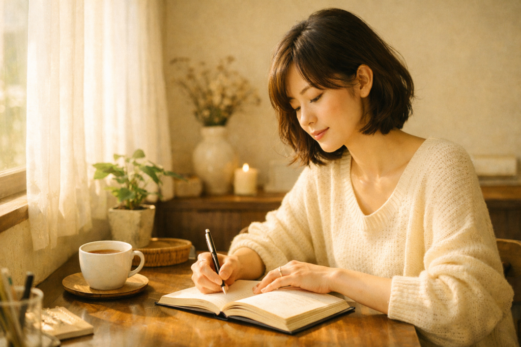 朝の光の中で日記を書きながら自分と向き合う30代女性