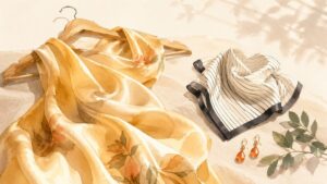 シルクのスカーフとアクセサリーをやわらかく描いた水彩イラスト