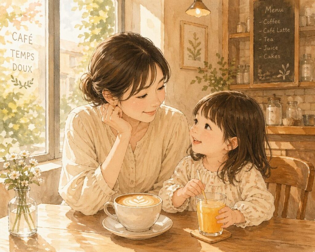 カフェの窓際で子どもと過ごす母親のイラスト、温かい午後の光