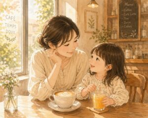 カフェの窓際で子どもと過ごす母親のイラスト、温かい午後の光