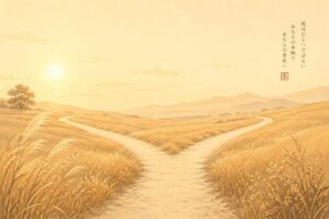 金色の野原で二手に分かれる道のイラスト、温かな朝の光