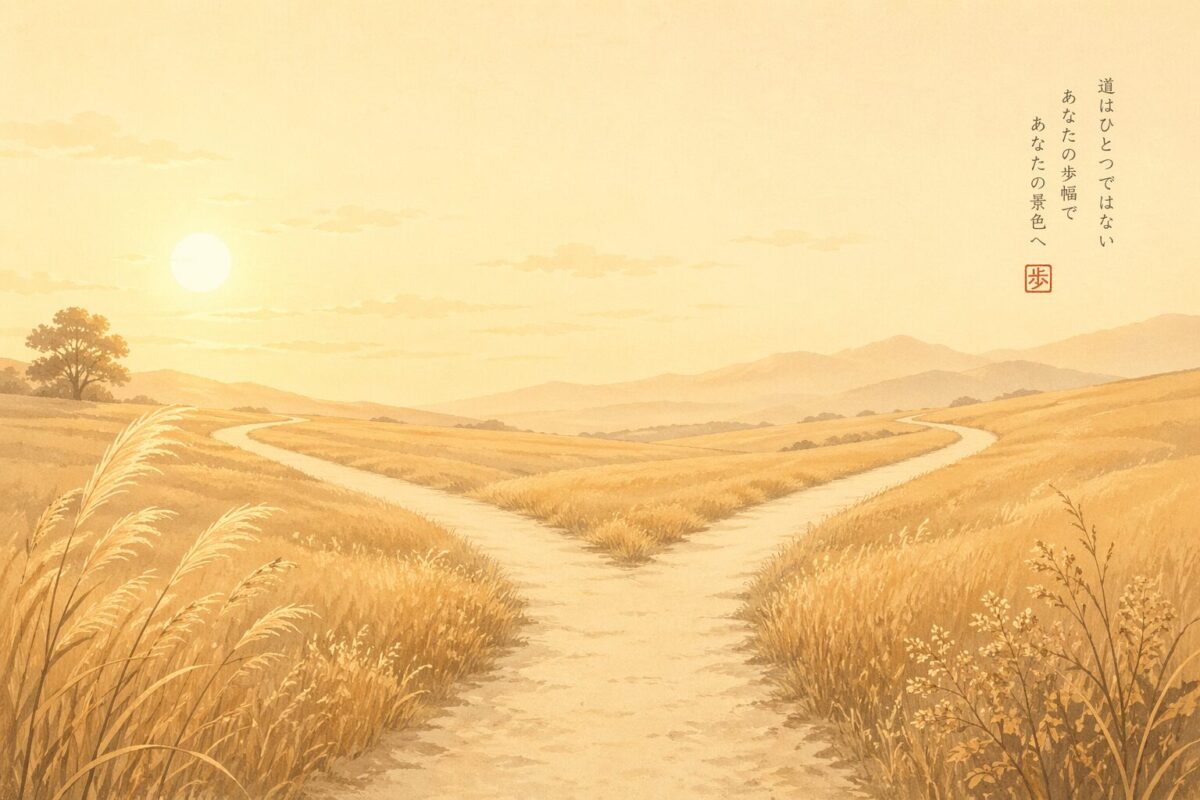金色の野原で二手に分かれる道のイラスト、温かな朝の光