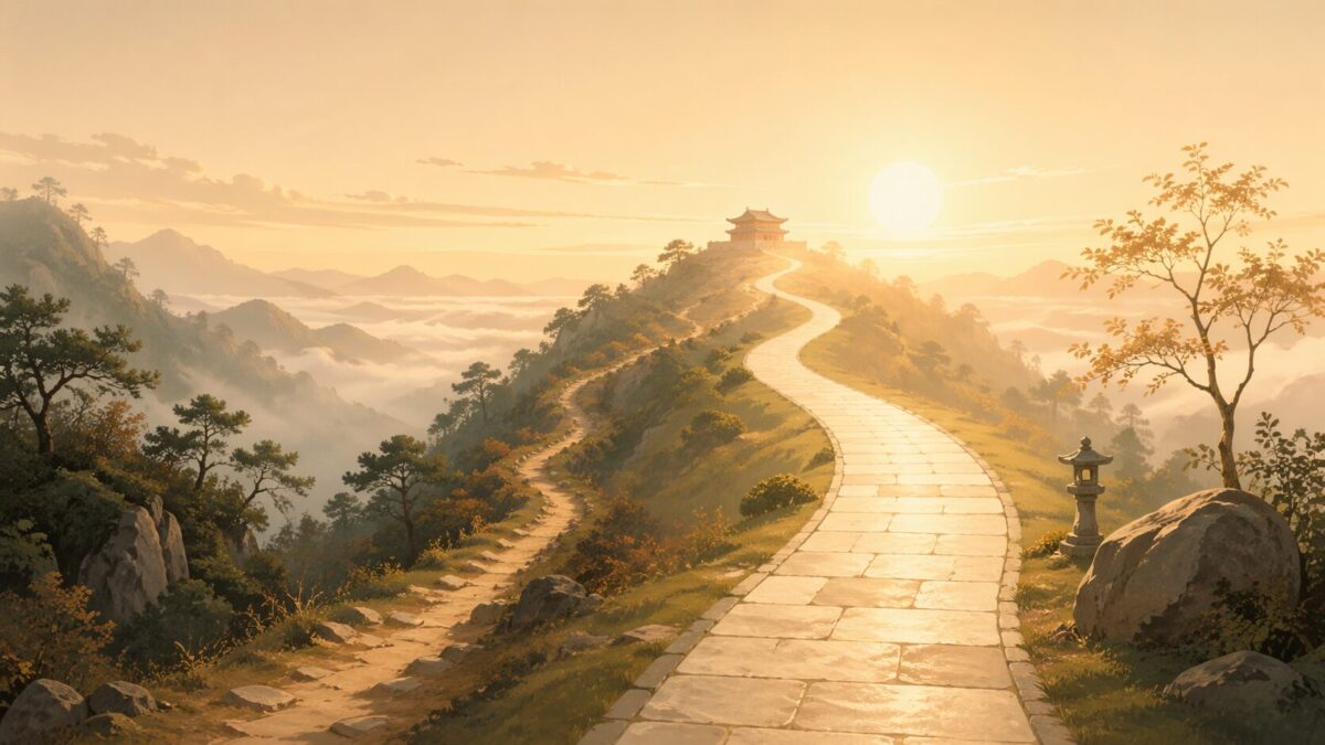 同じゴールに向かう2つの道のイラスト、片方が明るく短い、温かな朝の光