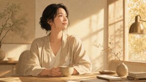 温かいお茶を手にデスクに座る自信に満ちた女性のイラスト、窓から差し込む金色の午後の光