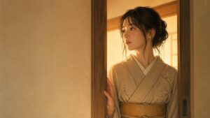 扉の前に立つ女性のイラスト、内側から差し込む温かい光