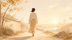 明るい道を自信を持って踏み出す女性のイラスト、温かな朝の光