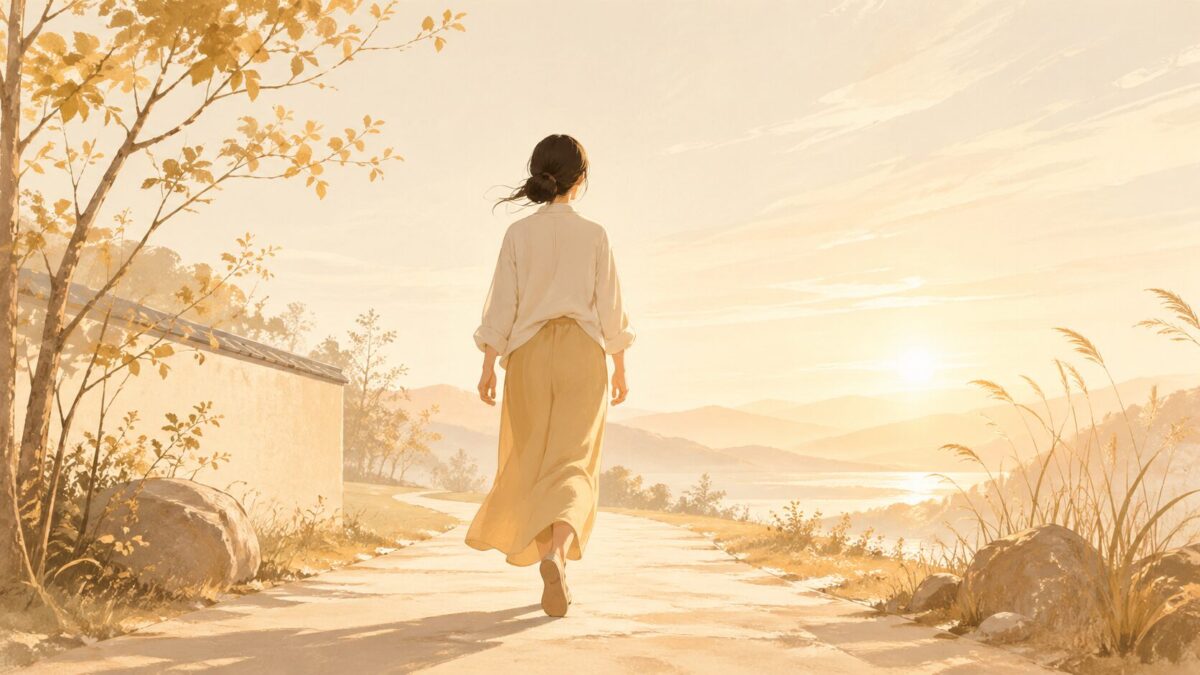 明るい道を自信を持って踏み出す女性のイラスト、温かな朝の光