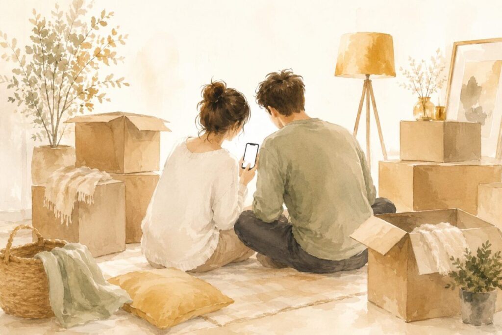 引っ越し後の部屋で並んでスマホを見る夫婦のイラスト