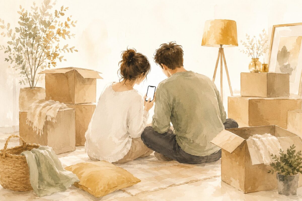 引っ越し後の部屋で並んでスマホを見る夫婦のイラスト