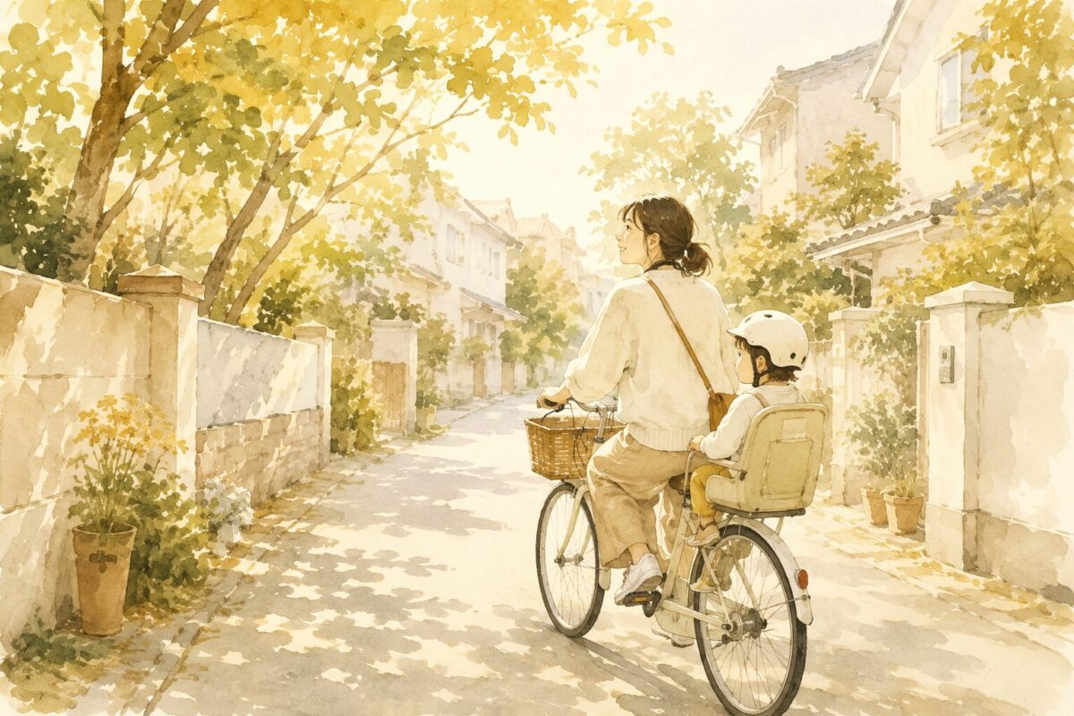 朝の住宅街を自転車で幼稚園へ向かう母と子のイラスト