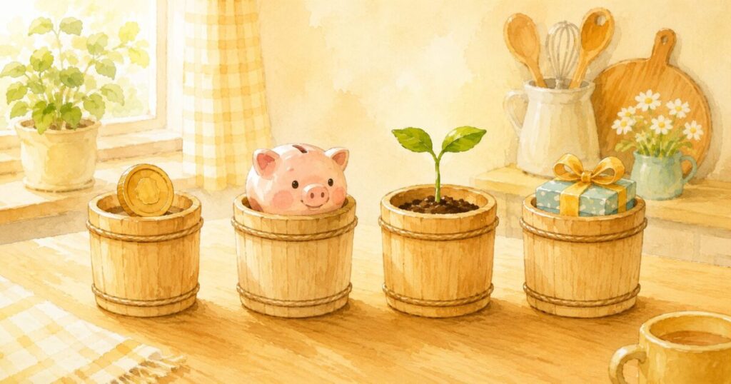4つのバケツに分けられたコインや貯金箱のやわらかいイラスト（子どものマネー教育）