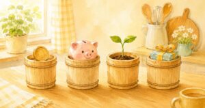 4つのバケツに分けられたコインや貯金箱のやわらかいイラスト（子どものマネー教育）