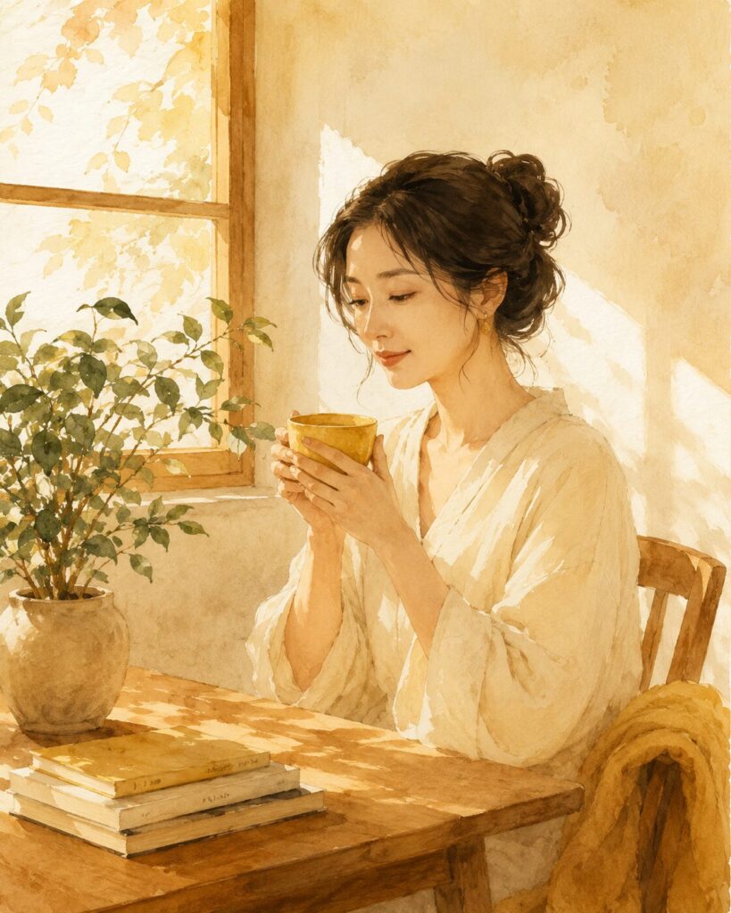 本に囲まれた机で温かいお茶を持ち、穏やかな表情でくつろぐ30代女性のイラスト