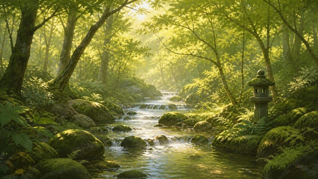 緑豊かな日本の森を流れる穏やかな小川のイラスト、木漏れ日の朝の光