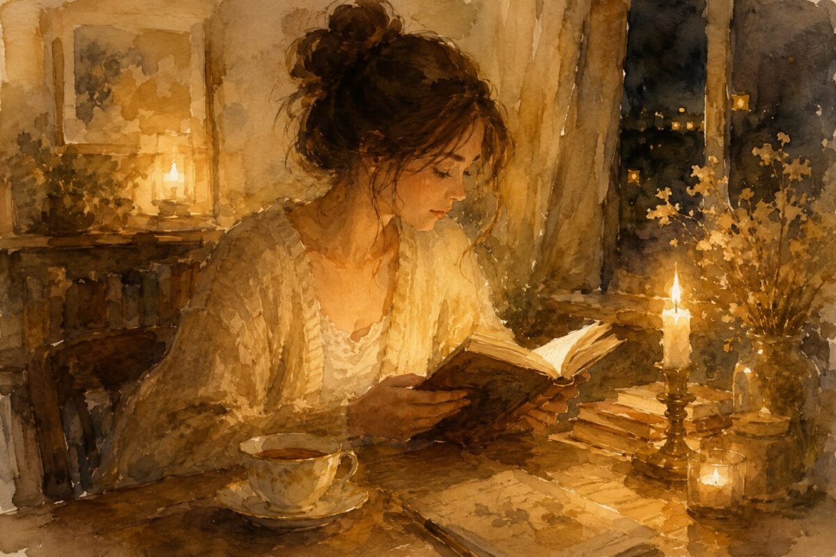夜に本を読む女性のイラスト、お金の哲学に気づいた静かな夜のイメージ