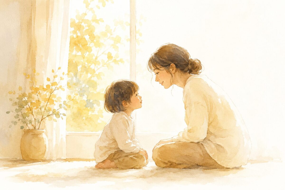 窓辺で同じ目線で向き合って座る親子の水彩イラスト