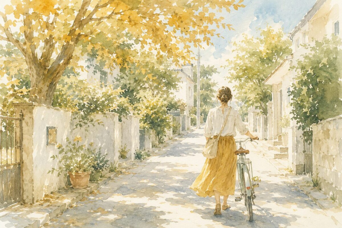 静かな住宅街を自転車と歩く女性のイラスト