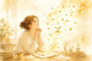 制約が種になる——デスクに座る女性と、光の粒が芽吹いていくイラスト