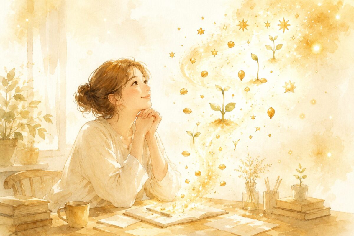 制約が種になる——デスクに座る女性と、光の粒が芽吹いていくイラスト