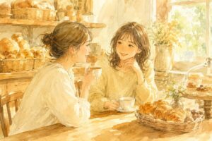 パン屋さんでNISAについて話す女性たちのイラスト