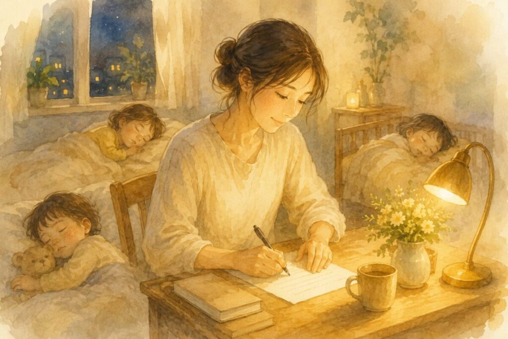 夜に手紙を書く母親と眠る子どもたちの水彩イラスト