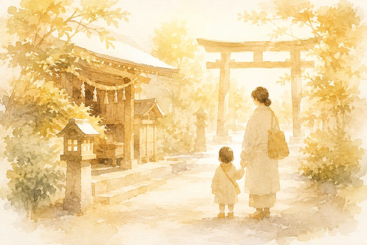 神社の前で親子がやわらかい光の中に佇む水彩イラスト