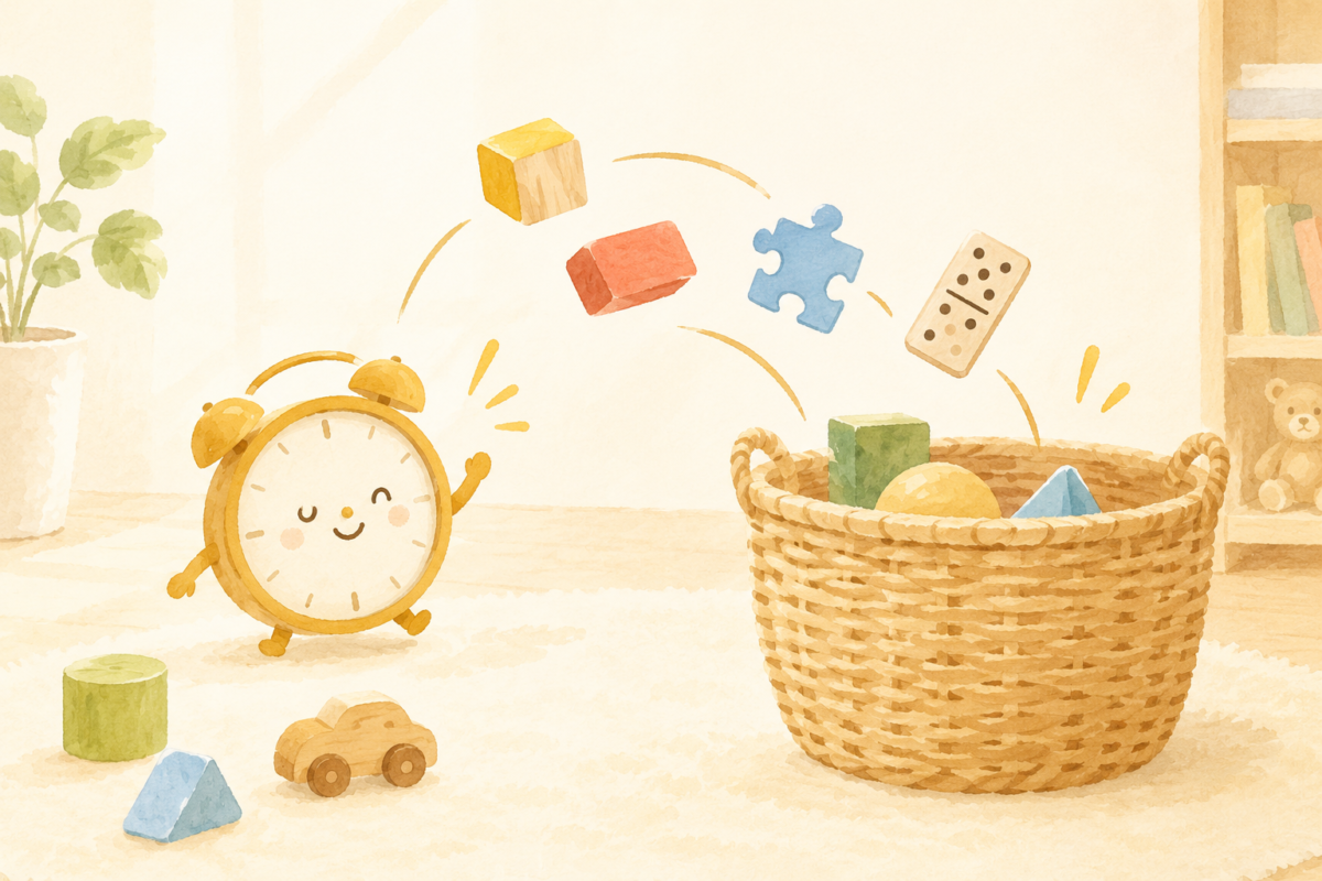 ゴールドとクリーム色を基調に、時計とおもちゃがお片づけされていく様子を描いた温かいイラスト。